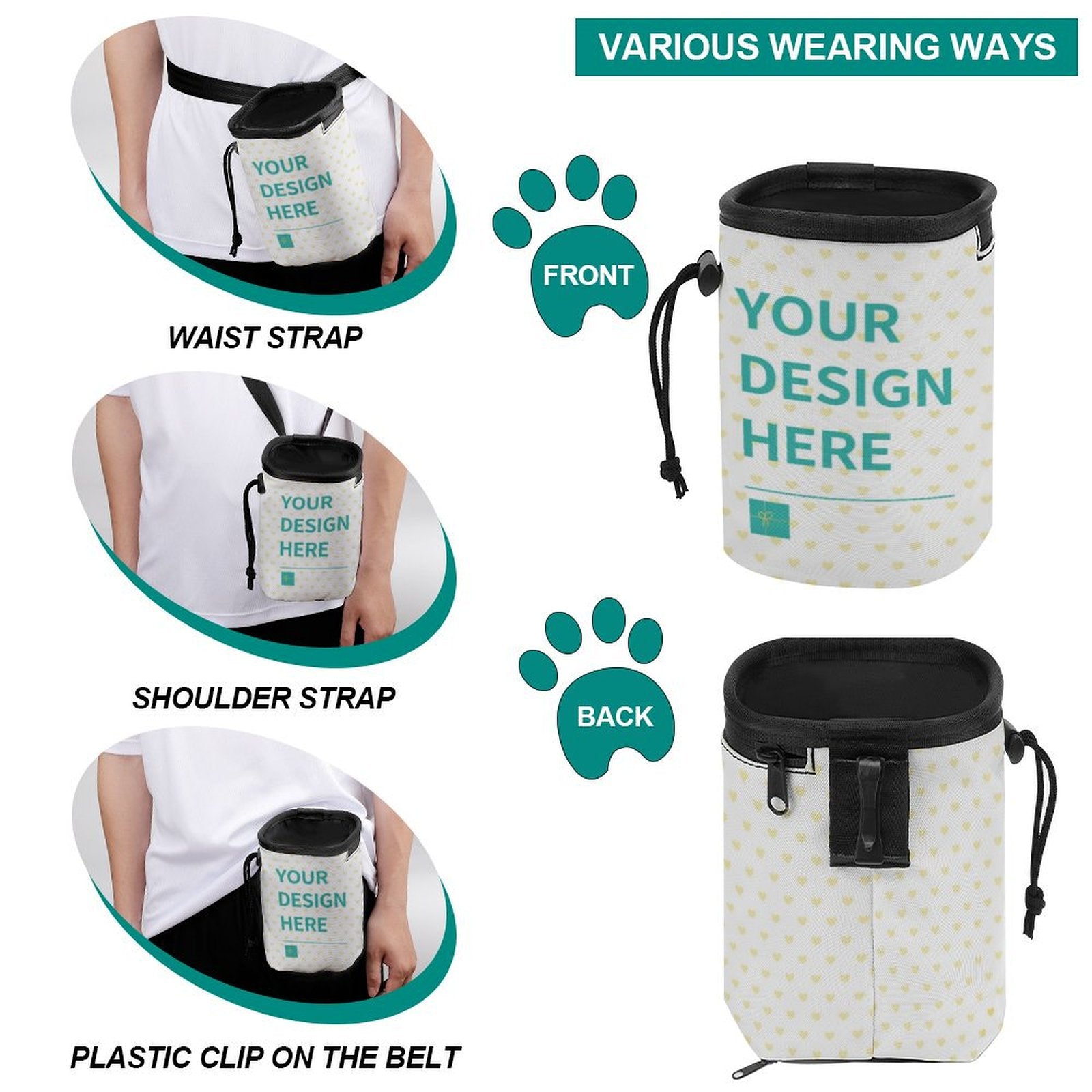 Custom dog treat bag with 'Your Design Here' option, multiple wearing styles for pet training, oxford cloth material