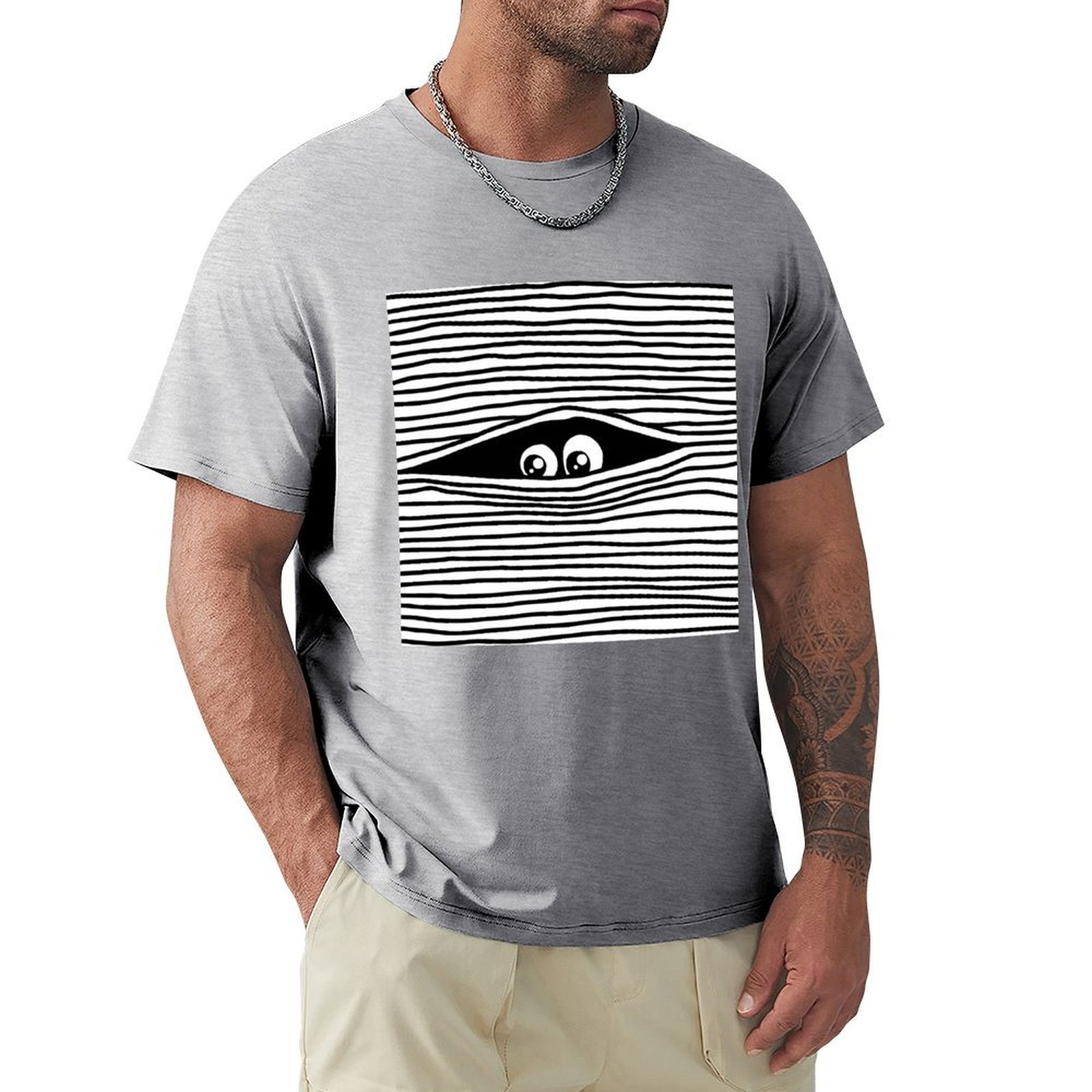 Men's light gray crew neck t-shirt with eye graphic. Comfortable cotton tee by MyArtsyGift, perfect for everyday wear