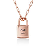 Rose gold personalized padlock necklace with A&B and Jan. engraving; perfect for custom jewelry gifts.
