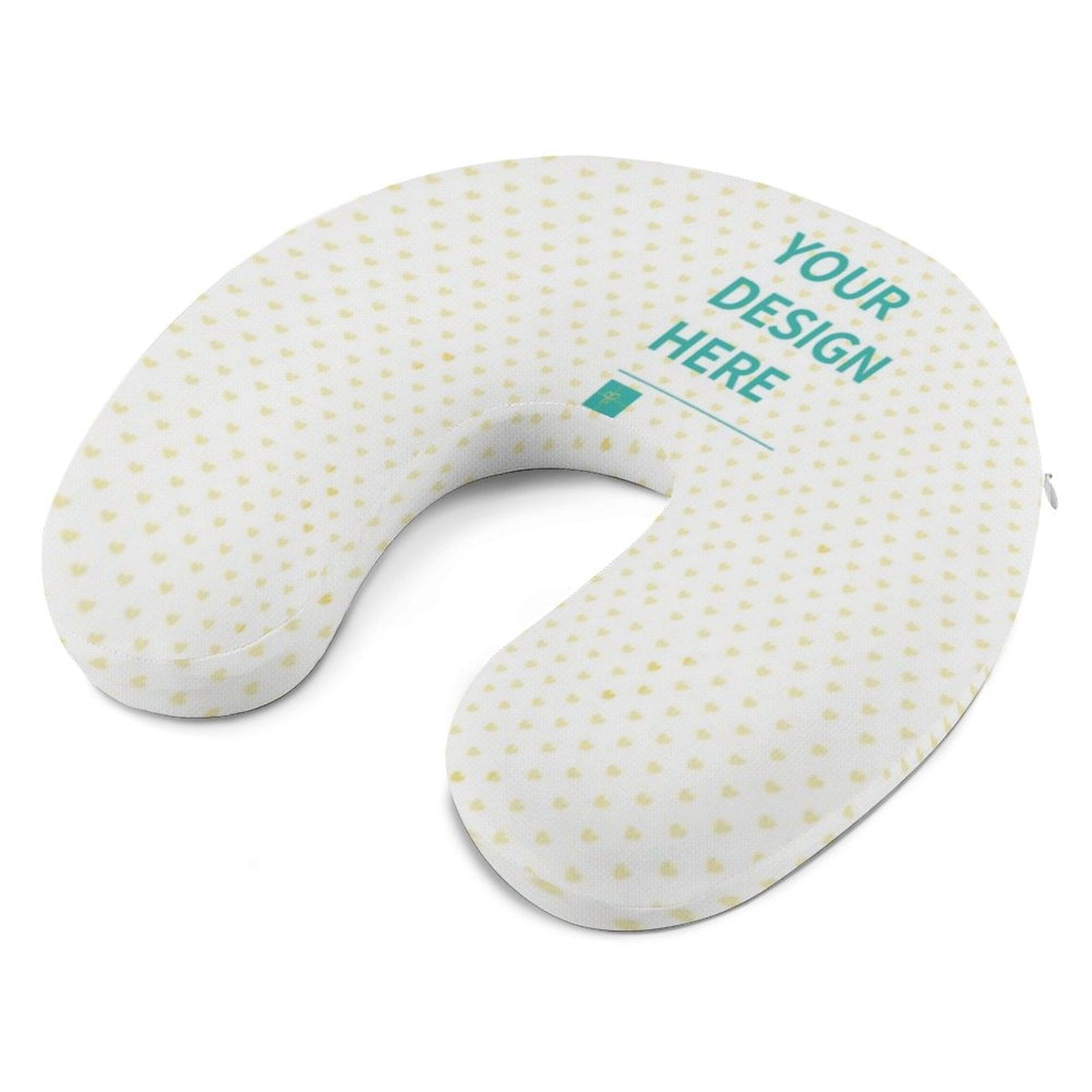 Custom U-shaped travel pillow with personalized design, heart pattern, memory foam, for travel.