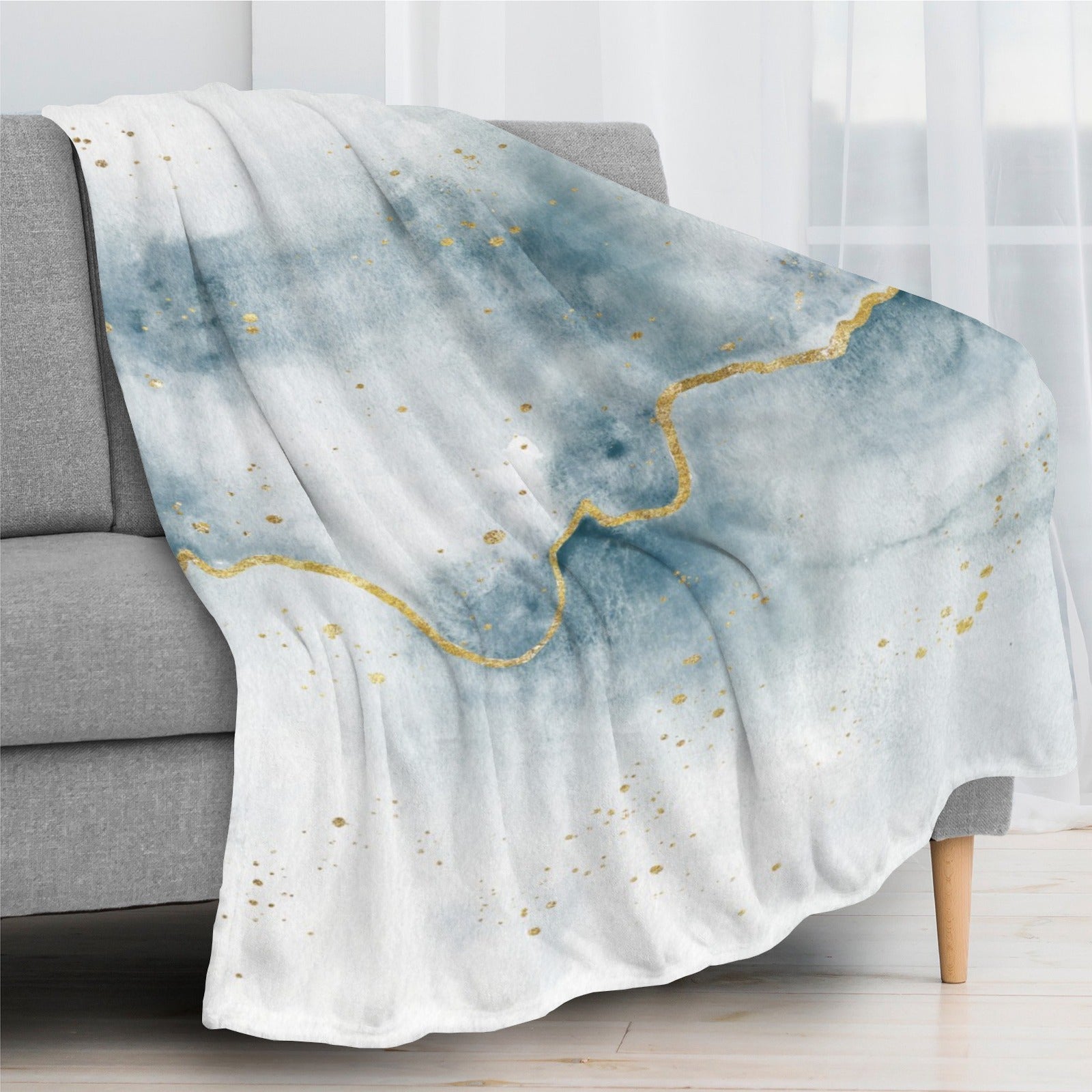 Blue abstract flow blanket with gold accents, soft, cozy, and made in USA