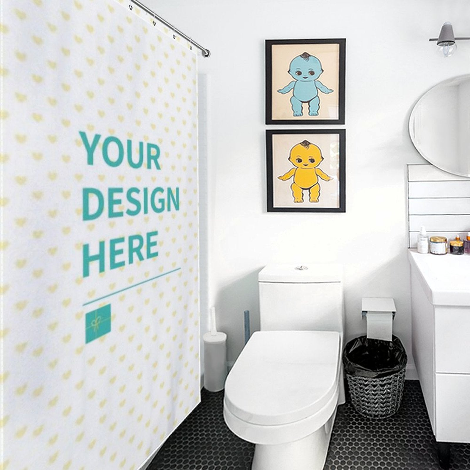 Custom shower curtain with 'YOUR DESIGN HERE' text and heart pattern in a bathroom setting.