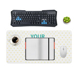 Personalized desk mat featuring YOUR design, keyboard, coffee, and mouse. A stylish and functional office desk setup.
