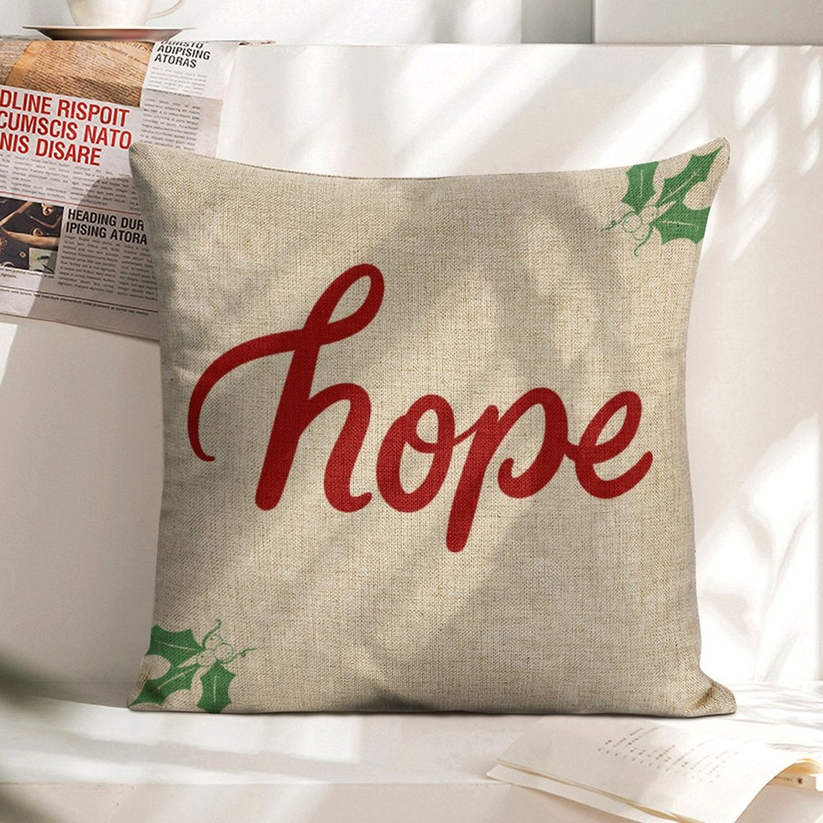 Christmas pillow cover with 'hope' text, linen material, square cushion for sofa