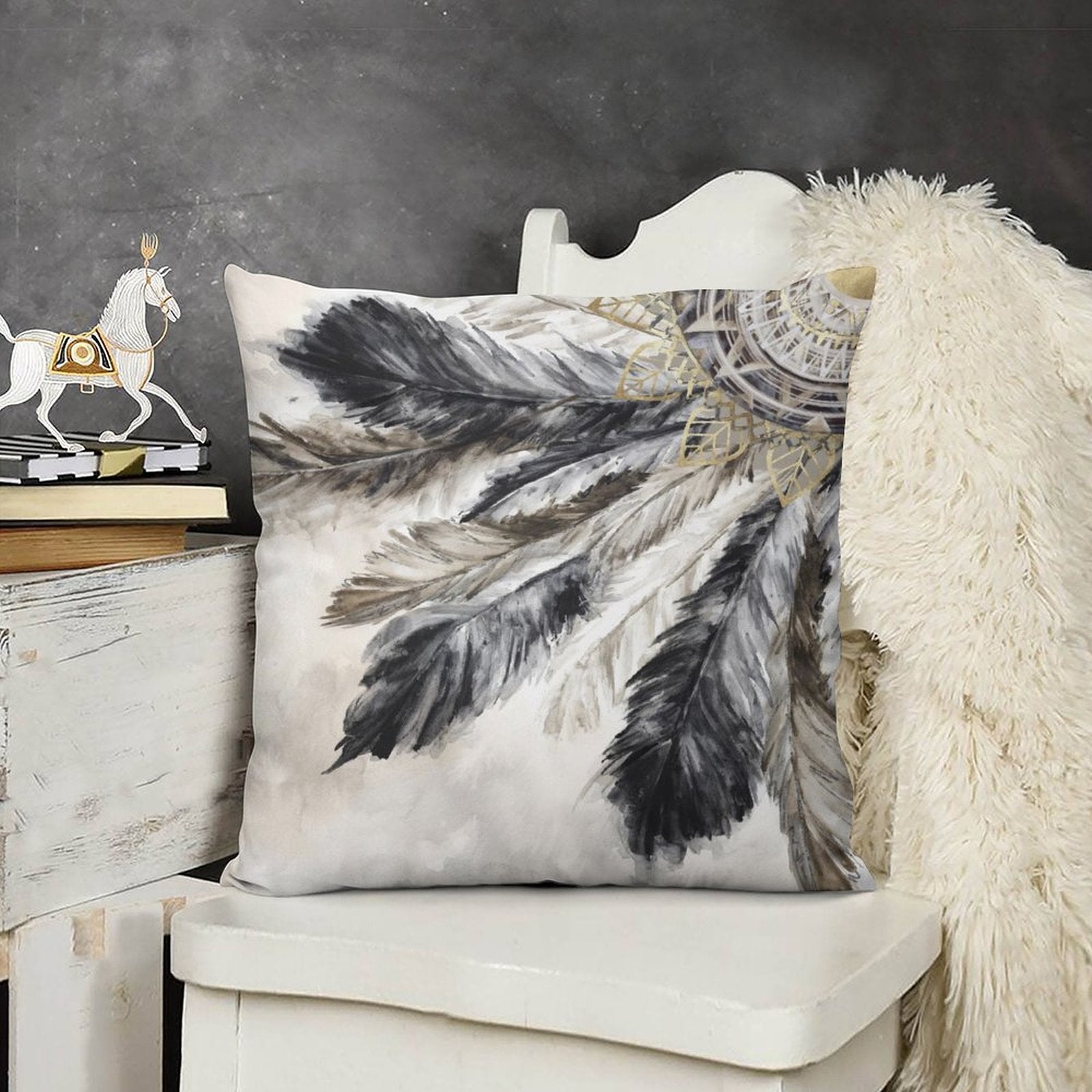 Gray and black feather design pillow cover on white chair, soft plush decorative pillow for sofa and living room