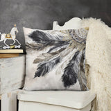Gray and black feather design pillow cover on white chair, soft plush decorative pillow for sofa and living room