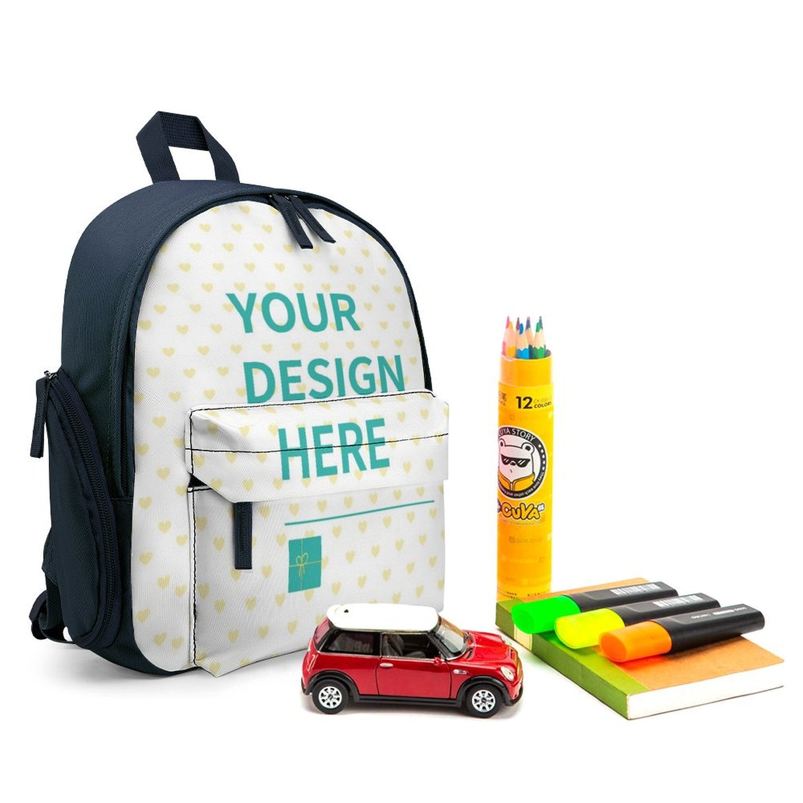 Customizable kids backpack with Your Design Here text, perfect for school supplies, and kids bookbag