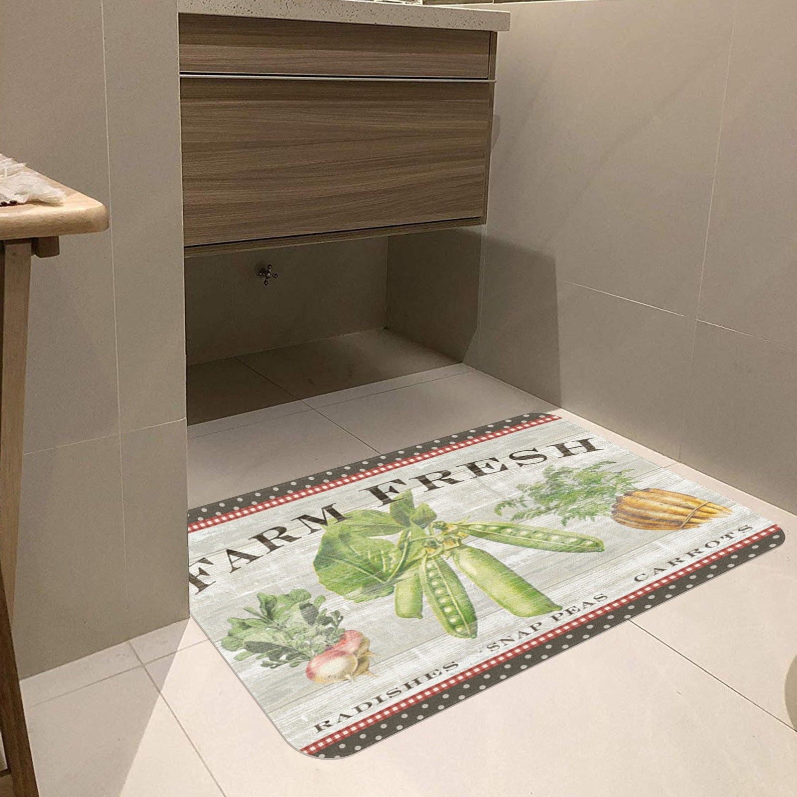 Farm Fresh entrance door mat with radishes, snap peas, and carrots, for indoor or outdoor use, rubber floor mat