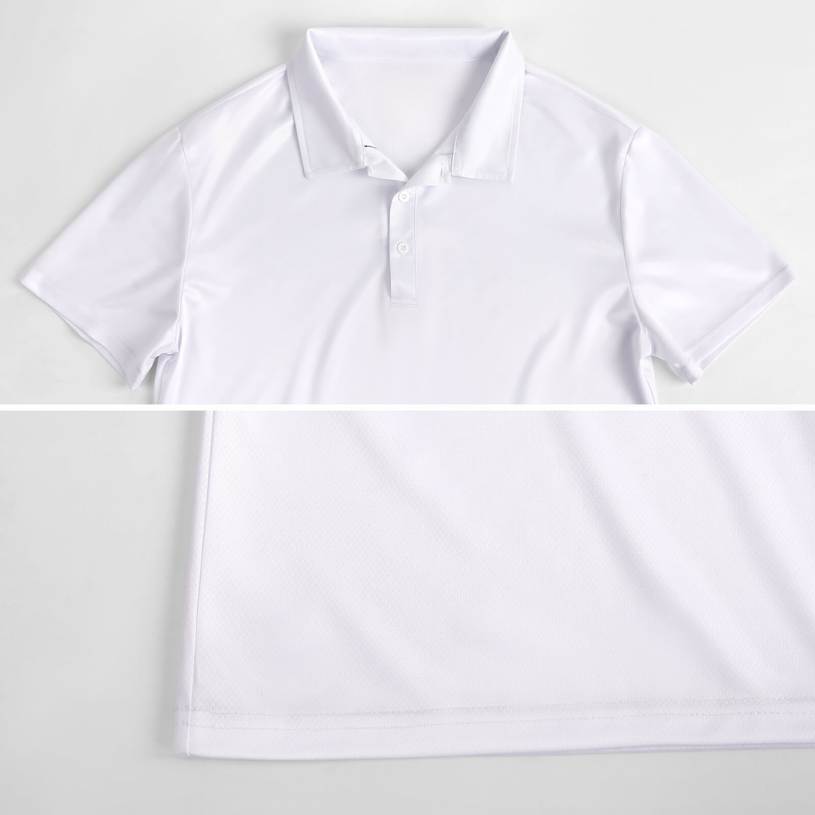 White custom polo golf shirt made of polyester fabric. Design your own personalized tee at MyArtsyGift.