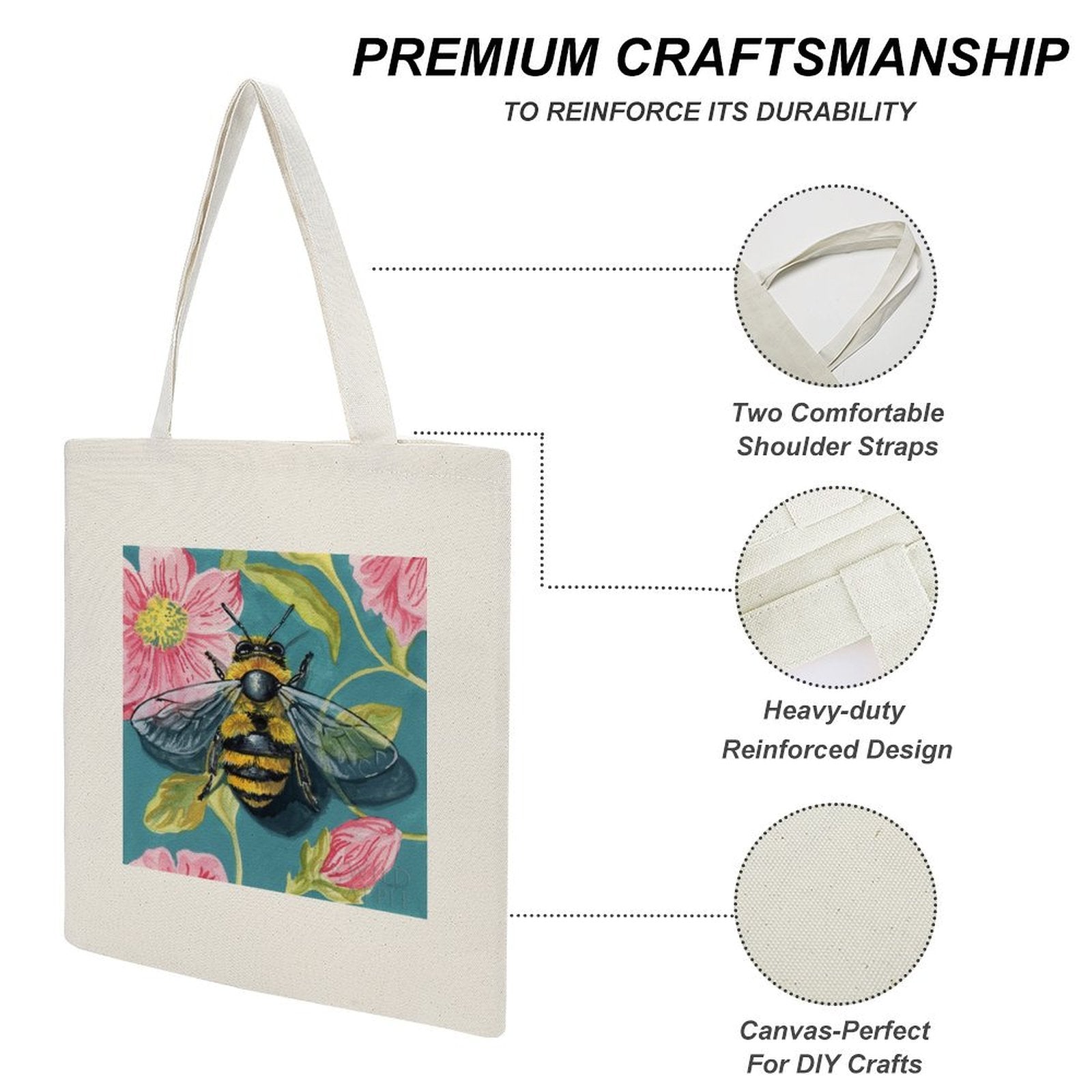 Personalized canvas tote bag with bee and floral design, Premium craftsmanship for shopping and DIY projects