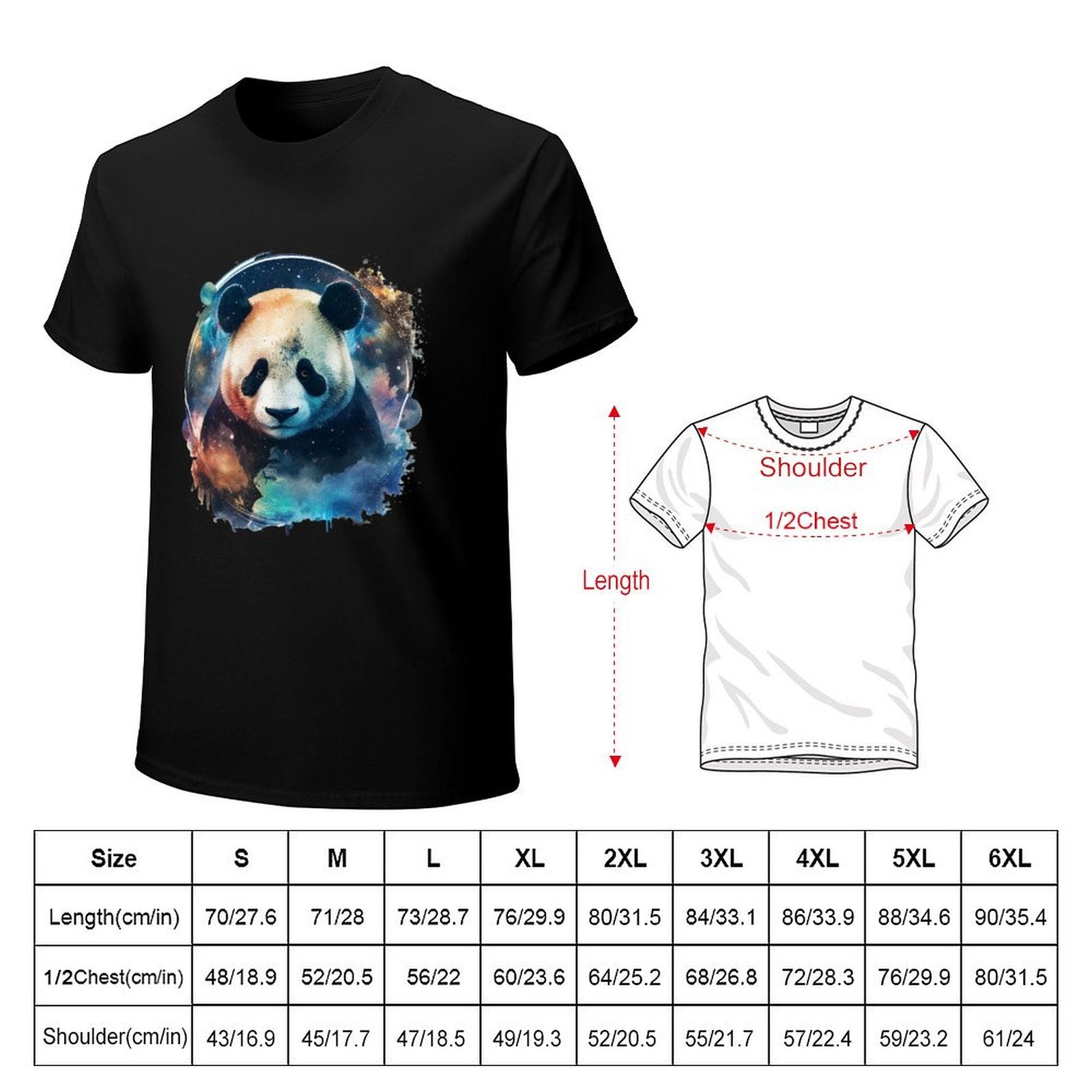 Black Men's short sleeve t-shirt with panda graphic, size chart included, MyArtsyGift