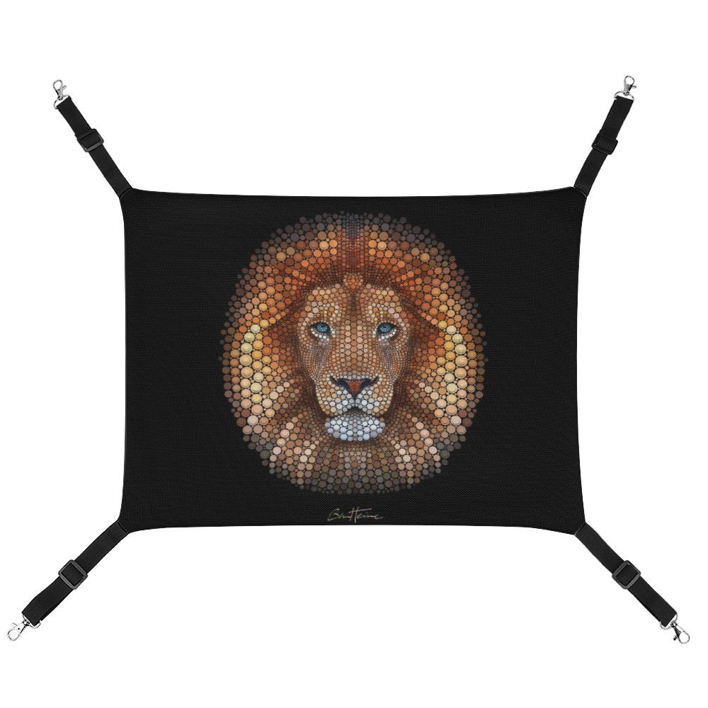 Pet hammock with a mosaic lion face, adjustable straps and hooks