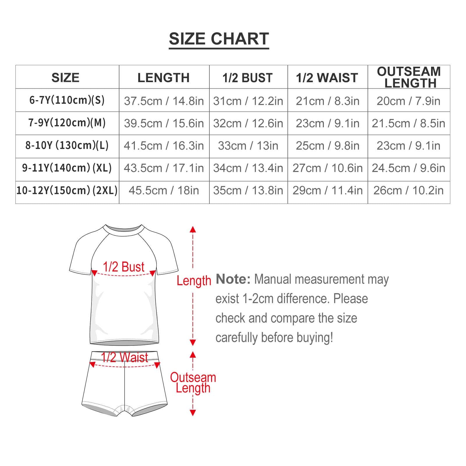 Boys' rash guard set size chart. Includes length, bust, waist, and outseam measurements for different sizes.