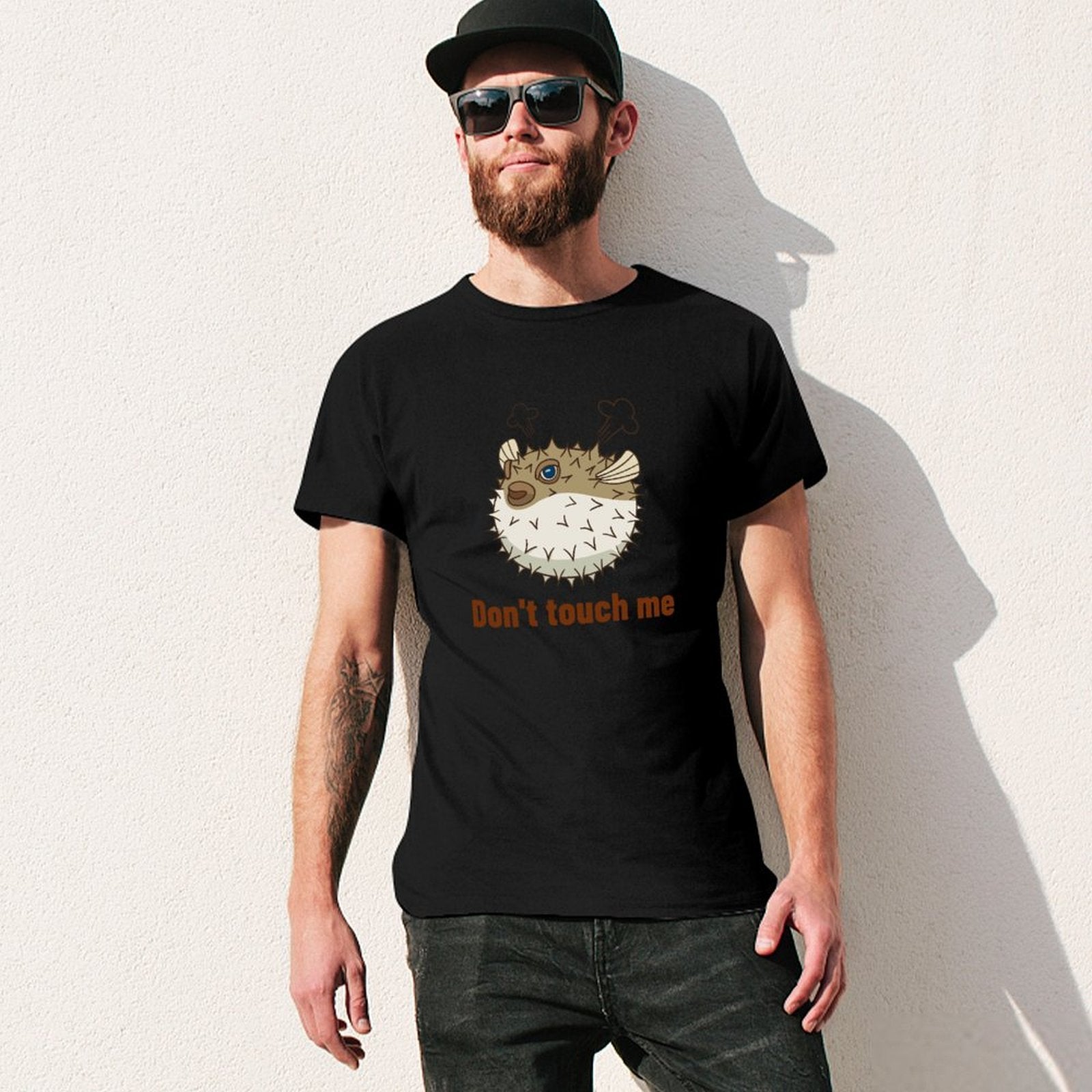 Men's black short sleeve crew neck t-shirt with pufferfish design and "Don't touch me" text, MyArtsyGift