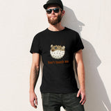 Men's black short sleeve crew neck t-shirt with pufferfish design and "Don't touch me" text, MyArtsyGift