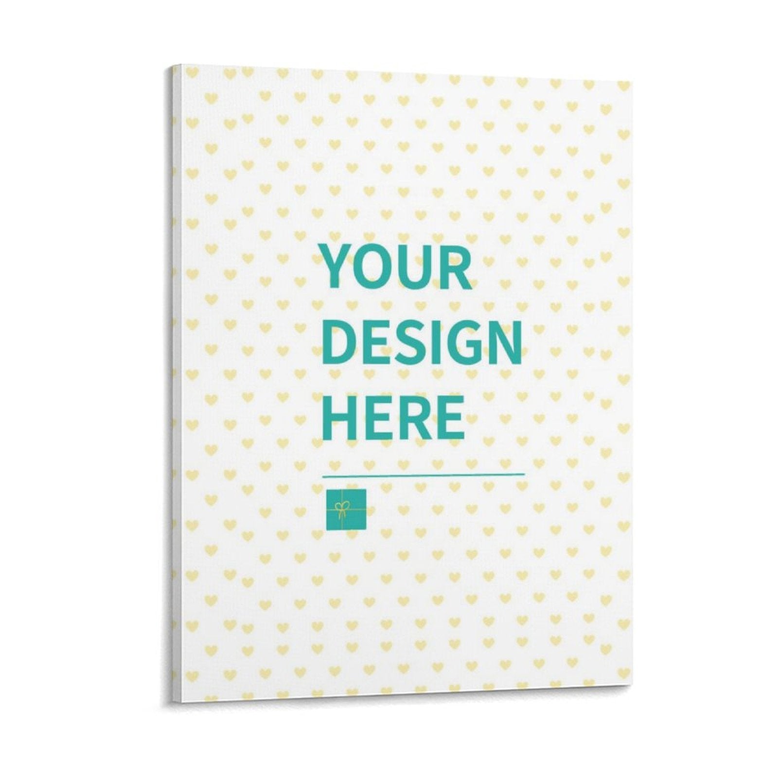 Custom canvas print mockup with 'YOUR DESIGN HERE' text, white heart pattern canvas, personalized wall art