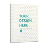 Custom canvas print mockup with 'YOUR DESIGN HERE' text, white heart pattern canvas, personalized wall art