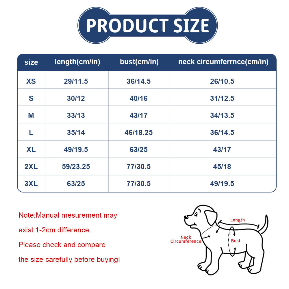 Dog shirt vest size chart with measurements for length, bust, and neck circumference, perfect for custom pet t-shirts