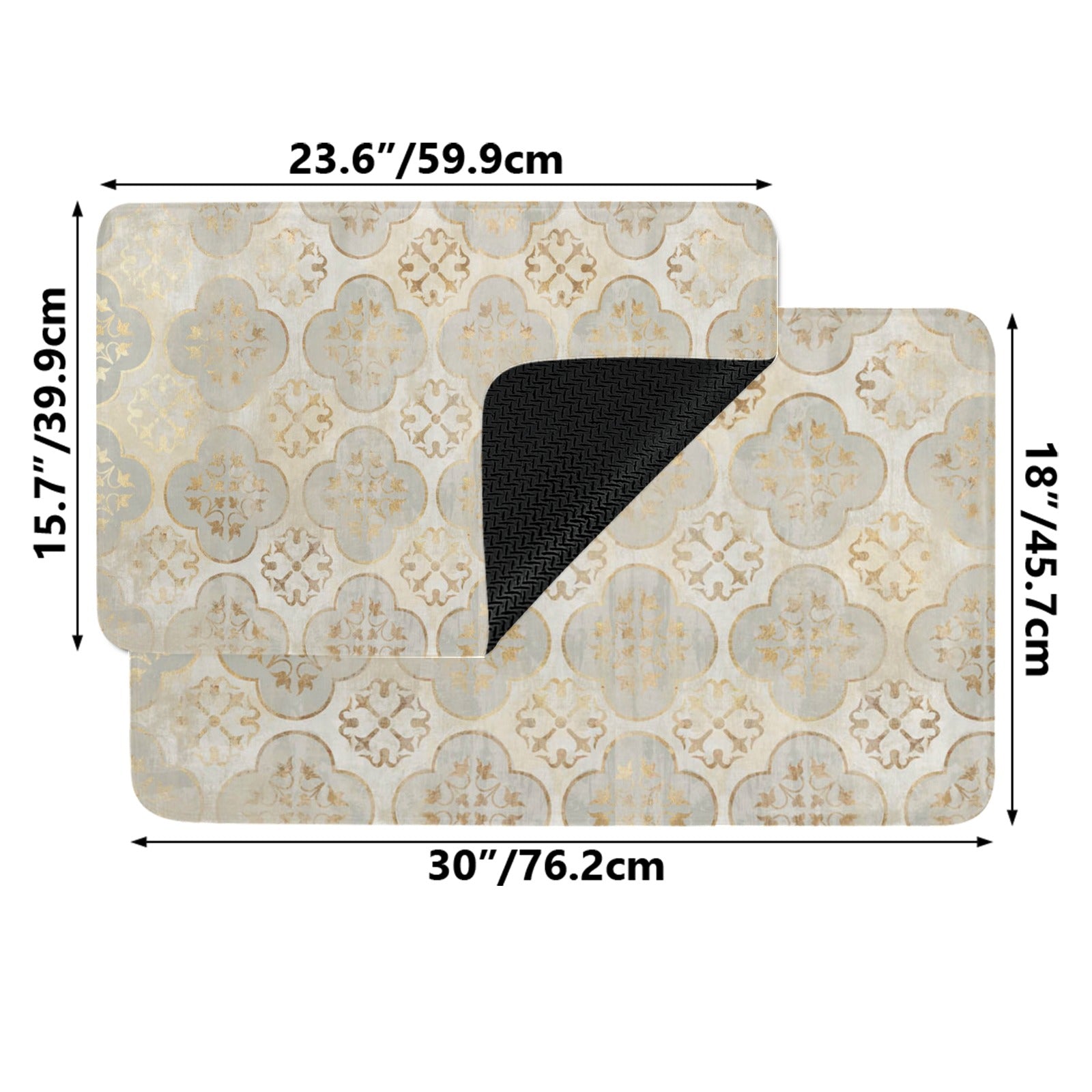Boho entrance doormat with quatrefoil pattern in cream and gold, dimensions shown.