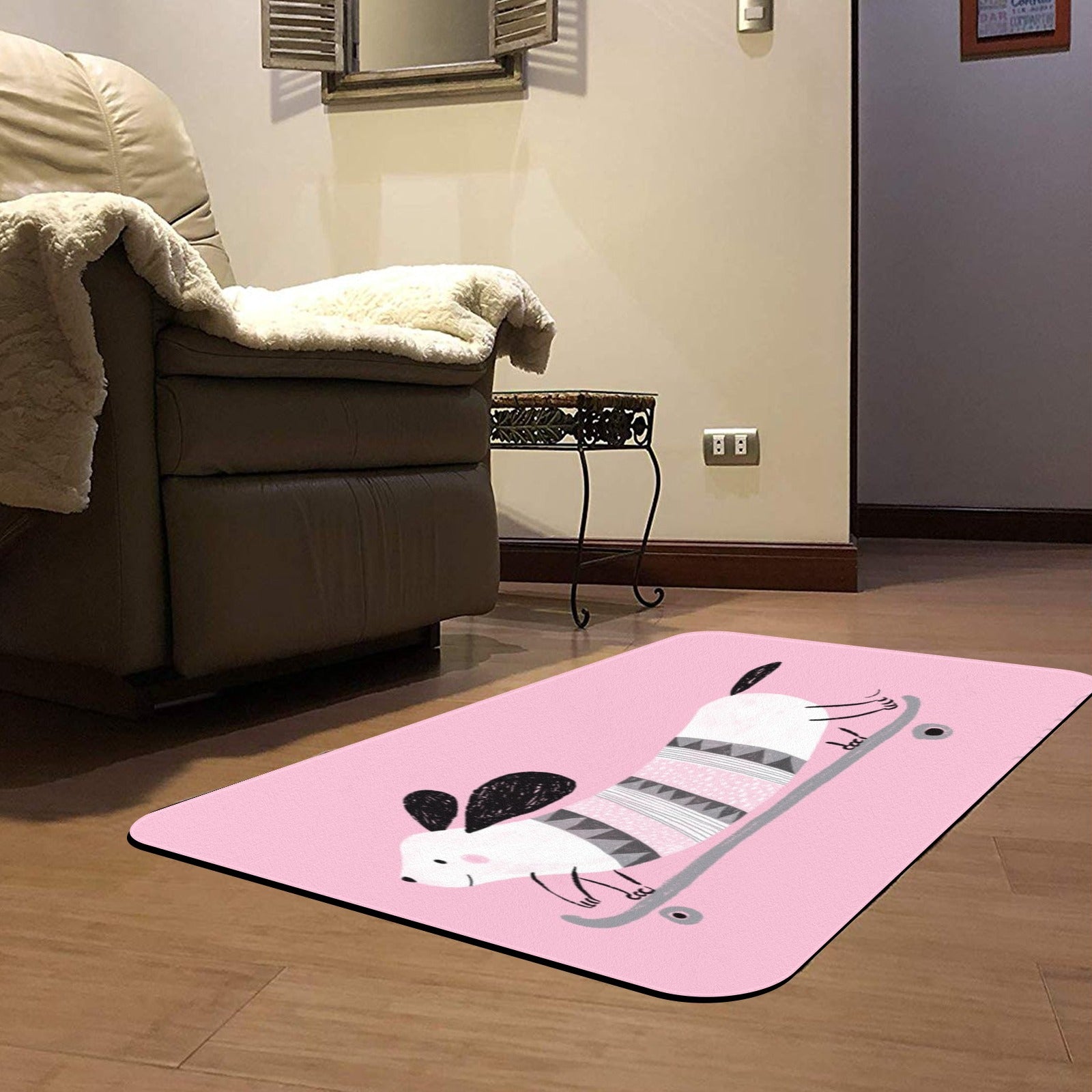 Pink dog door mat with skateboard design for indoor or outdoor use