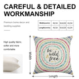 Linen throw pillow case with colorful mandala design, "be wild & free" text, premium home decor item.