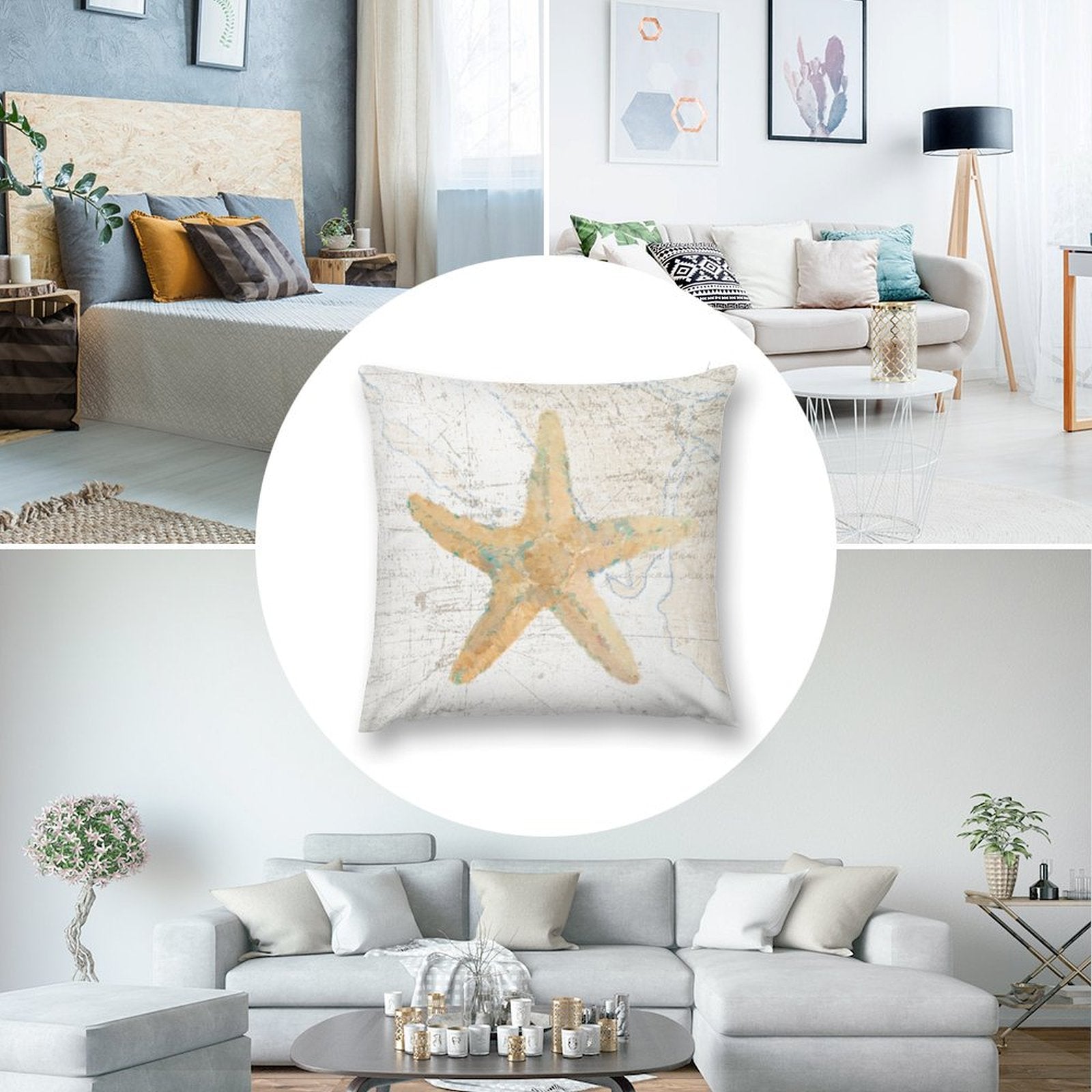 Square throw pillow cover with starfish design. Short plush pillow case for home sofa and couch decor. Beige color.