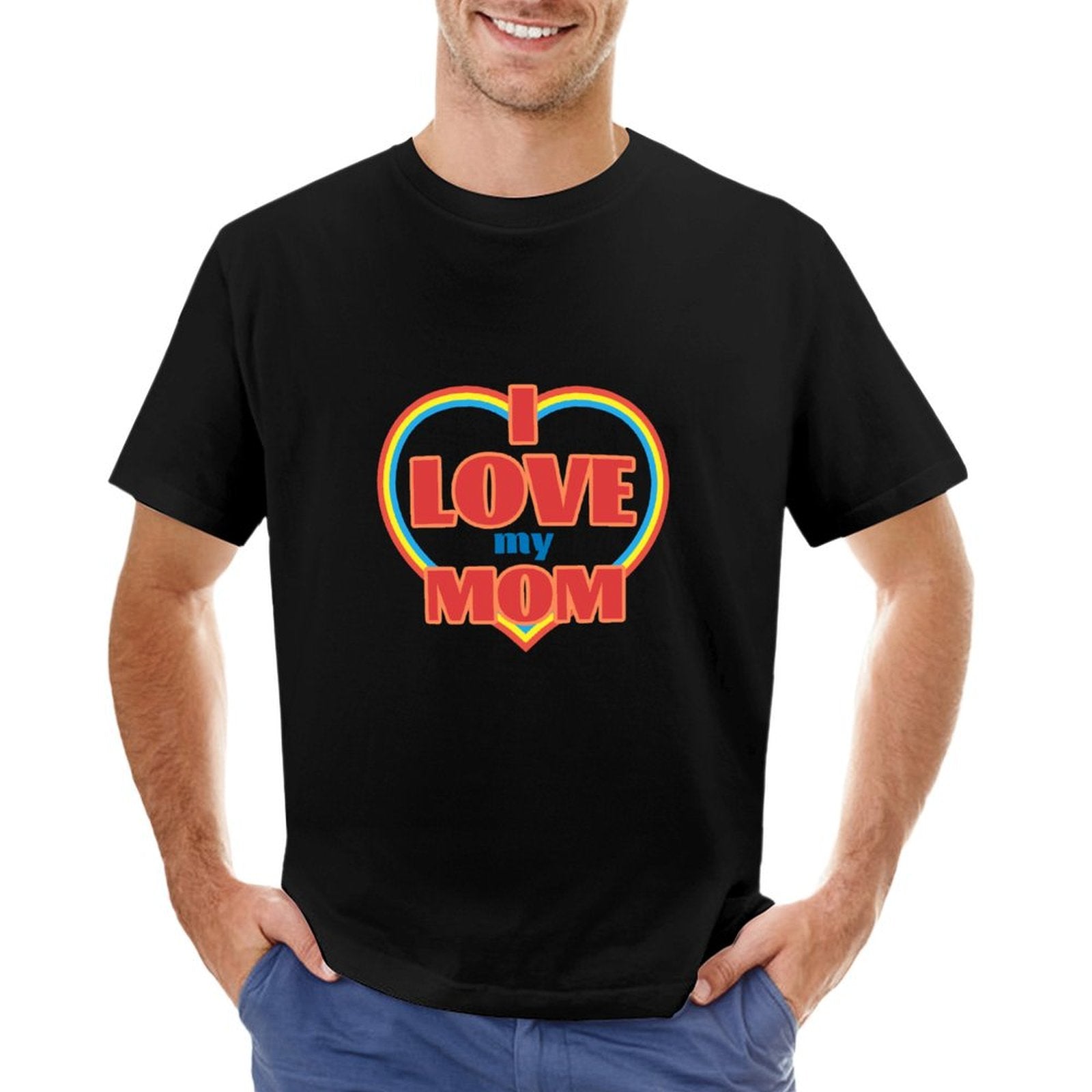 Black crew neck t-shirt with "I Love my Mom" design for men from MyArtsyGift, comfortable cotton tee.