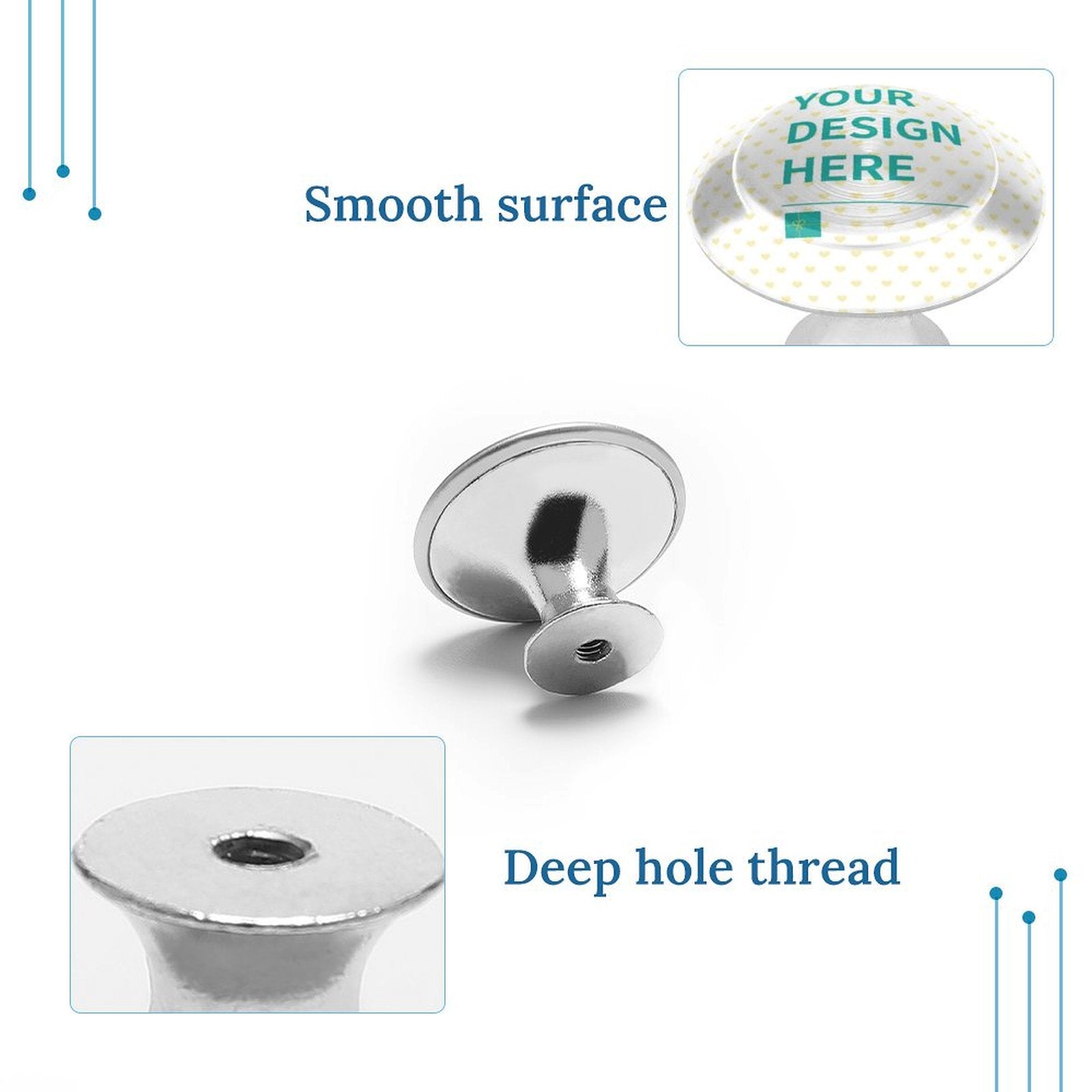 Customizable stainless steel cabinet drawer pull with "YOUR DESIGN HERE" design, suitable for various drawers