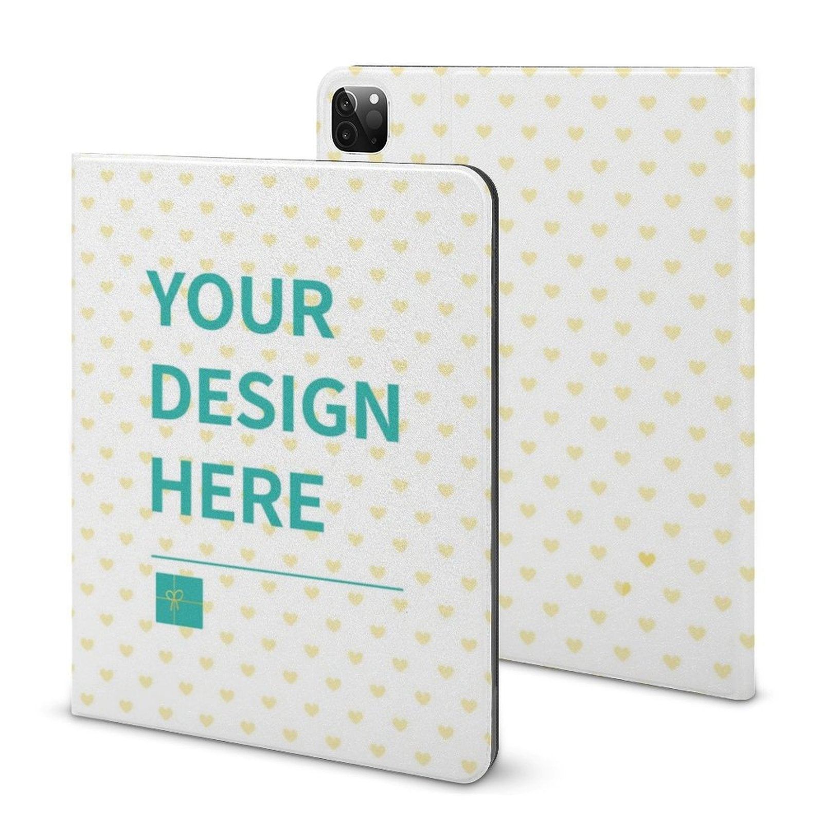 Personalized iPad case with heart pattern, soft TPU back. Features "YOUR DESIGN HERE" text. Ideal for iPad Air/Pro.
