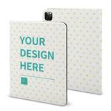Personalized iPad case with heart pattern, soft TPU back. Features "YOUR DESIGN HERE" text. Ideal for iPad Air/Pro.