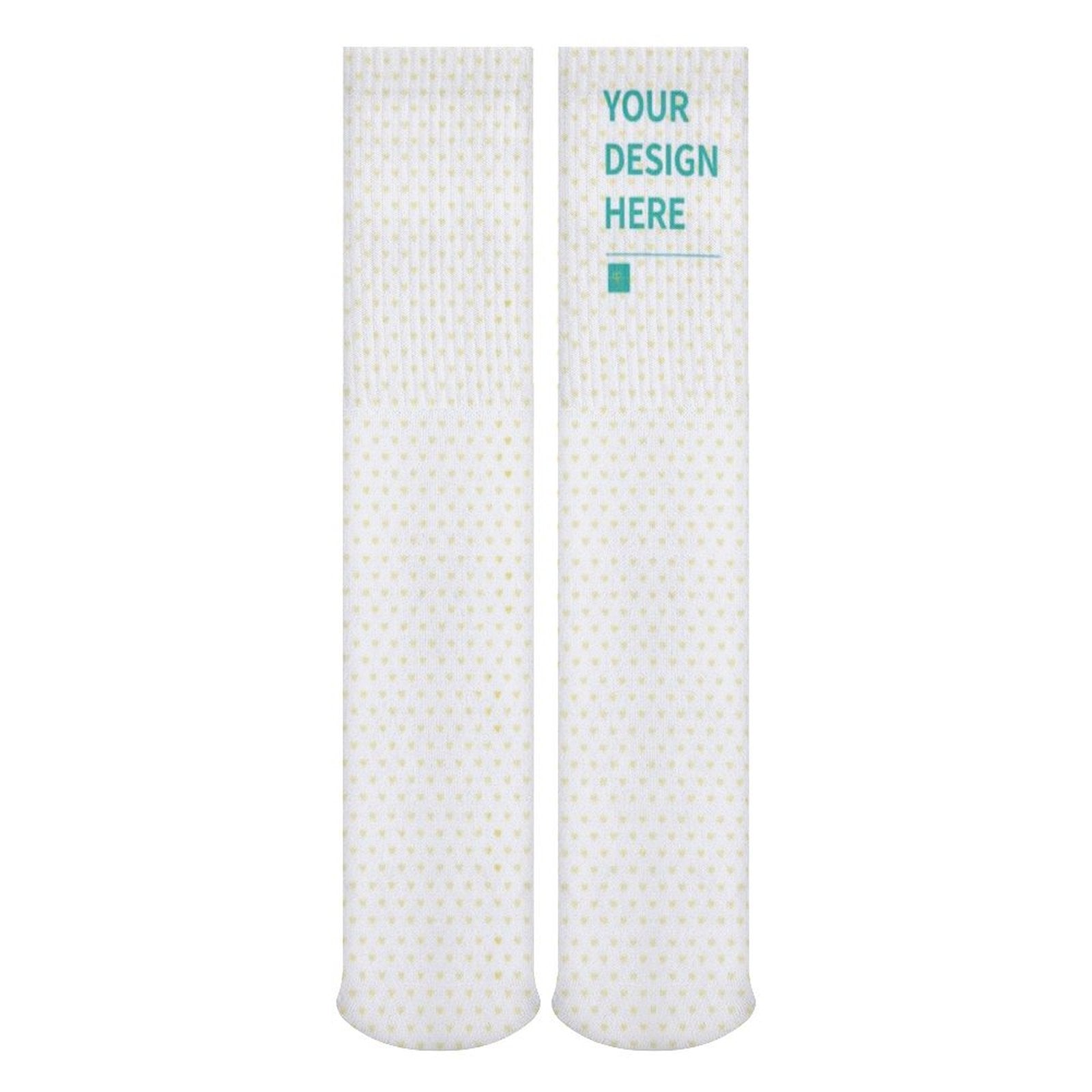 Customizable white socks with heart pattern and 'YOUR DESIGN HERE' design, perfect for personalized gifts