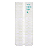 Customizable white socks with heart pattern and 'YOUR DESIGN HERE' design, perfect for personalized gifts
