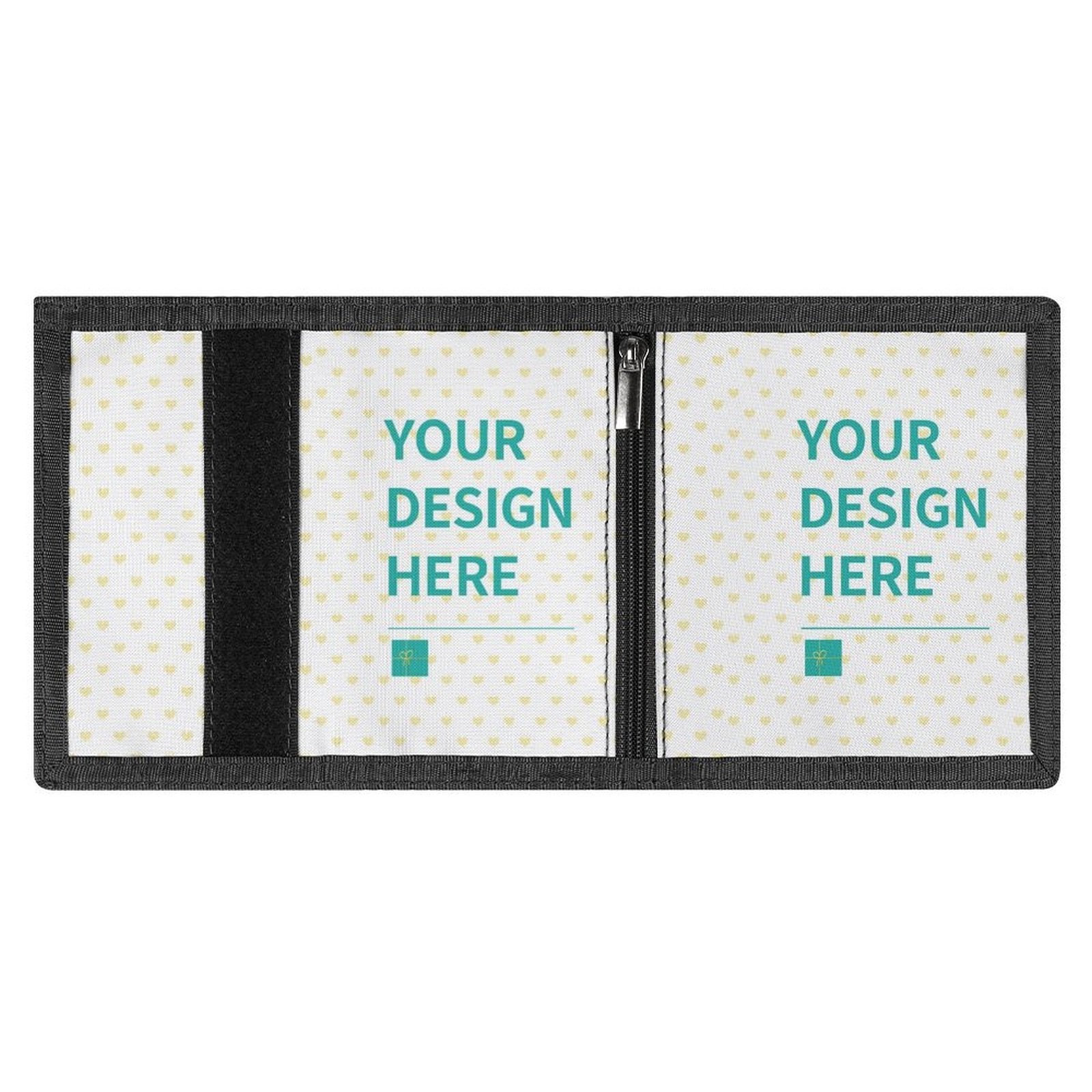 Personalized trifold wallet featuring your design, with zipper and velcro closure, perfect gift.