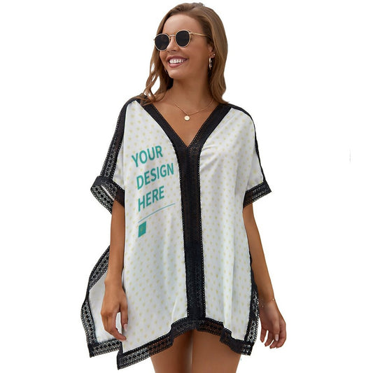 Custom swimsuit cover up with 'YOUR DESIGN HERE' print, black lace trim, made of soft polyester and spandex blend.