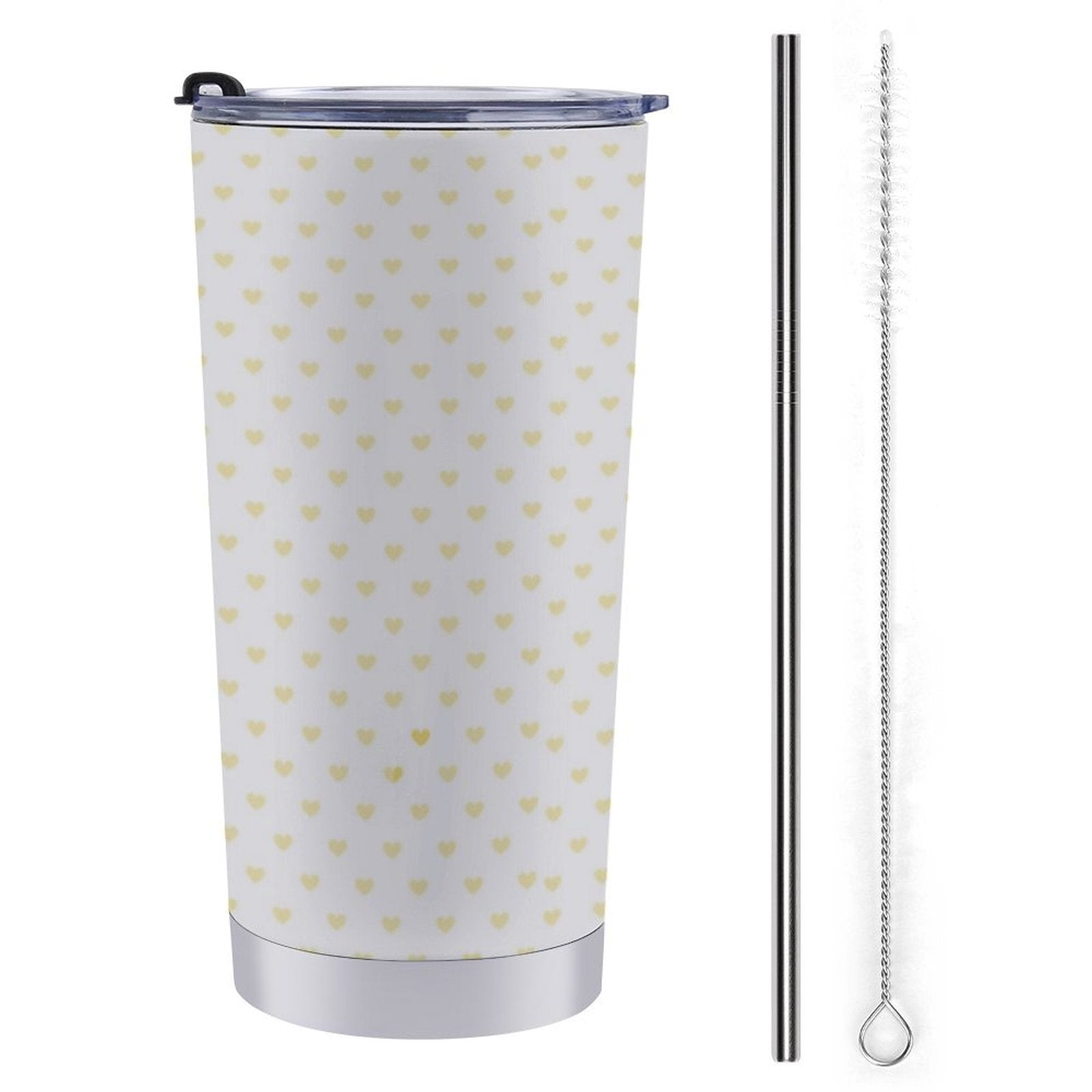 Personalized 20 oz coffee tumbler with yellow hearts, stainless steel straw, and cleaning brush, perfect for travel.