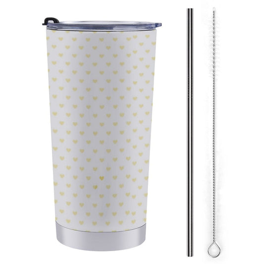 Personalized 20 oz coffee tumbler with yellow hearts, stainless steel straw, and cleaning brush, perfect for travel.