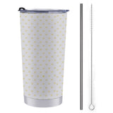 Personalized 20 oz coffee tumbler with yellow hearts, stainless steel straw, and cleaning brush, perfect for travel.