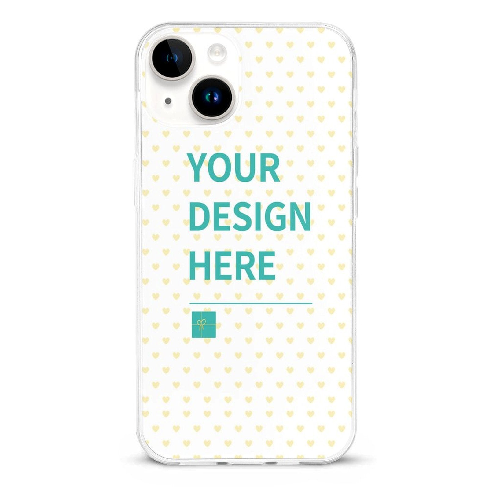 Custom iPhone 14 case with 'YOUR DESIGN HERE' design, heart pattern, clear TPU material for MyArtsyGift.