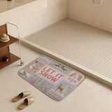 Coral velvet bathroom rug with 'LET IT SNOW' design, snowman, deer illustrations, non-slip for bathroom.