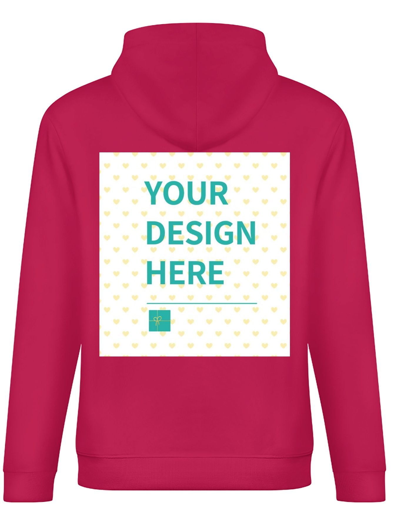 Magenta men's custom hooded sweatshirt with 'YOUR DESIGN HERE' back design, made in USA. Comfortable & versatile.