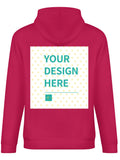 Magenta men's custom hooded sweatshirt with 'YOUR DESIGN HERE' back design, made in USA. Comfortable & versatile.
