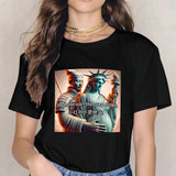Black cotton t-shirt with Rednote meme design featuring Statue of Liberty and Chinese soldier for men and women.