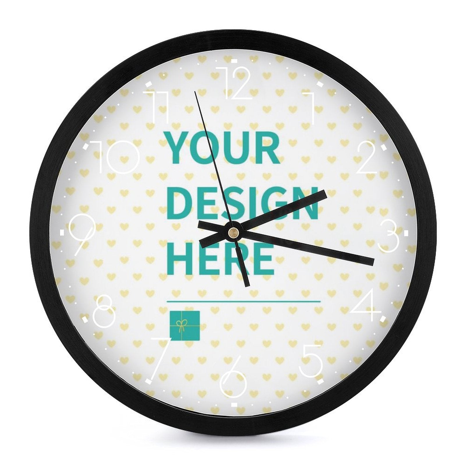 Customizable round wall clock with black frame and "YOUR DESIGN HERE" text; Perfect home decor gift