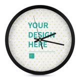 Customizable round wall clock with black frame and "YOUR DESIGN HERE" text; Perfect home decor gift