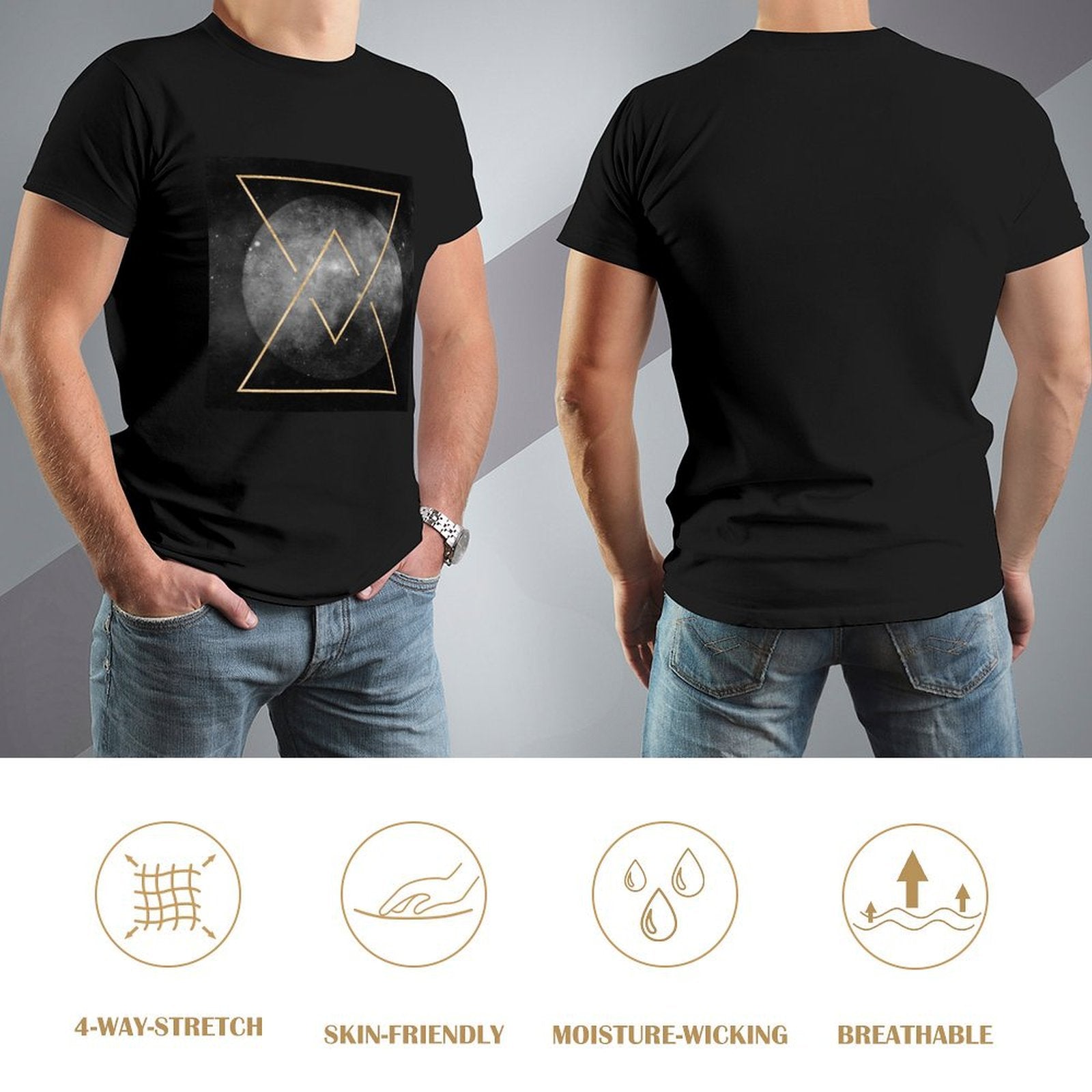 MyArtsyGift black men's geometric art t-shirt, crew neck, with 4-way stretch, breathable, moisture-wicking fabric