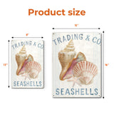 Nautical metal sign with seashell art from Trading & Co, ideal for coastal decor, with sizes 8x12 and 12x16