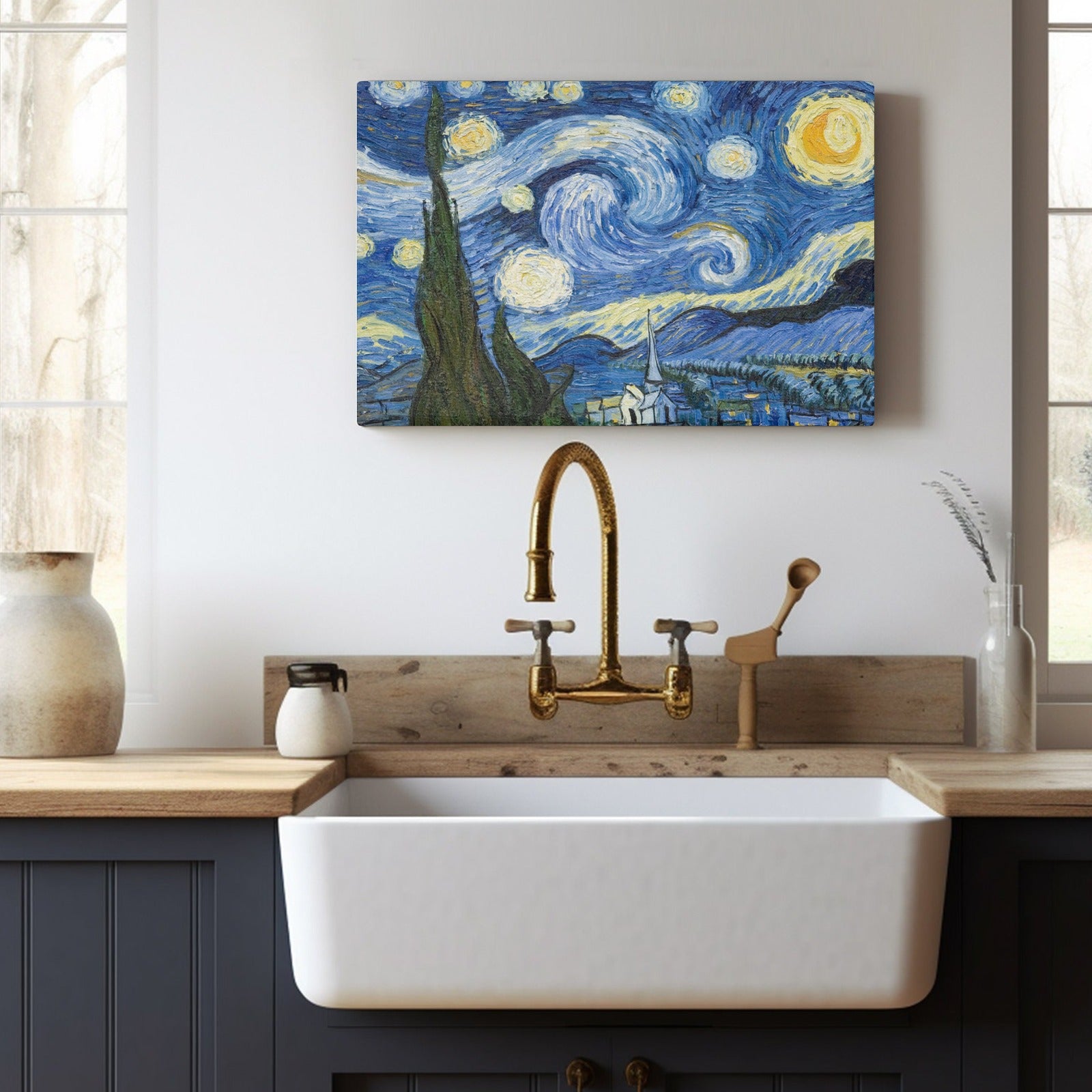 Starry Night canvas print wall art by Van Gogh, blue and yellow starry sky decor, home decor
