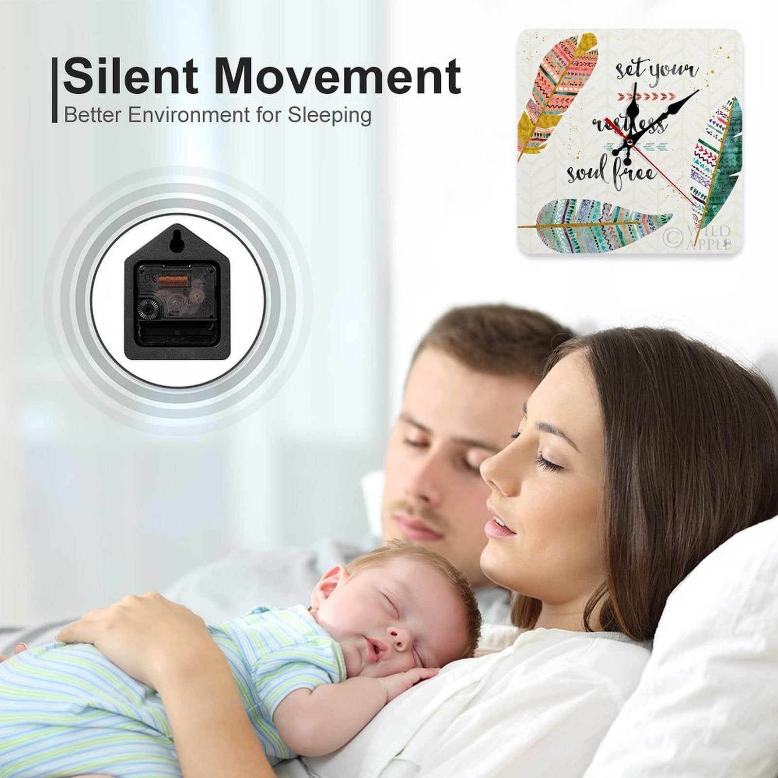 Personalized wooden wall clock with feather design, quote 'set your restless soul free', and silent movement for the home