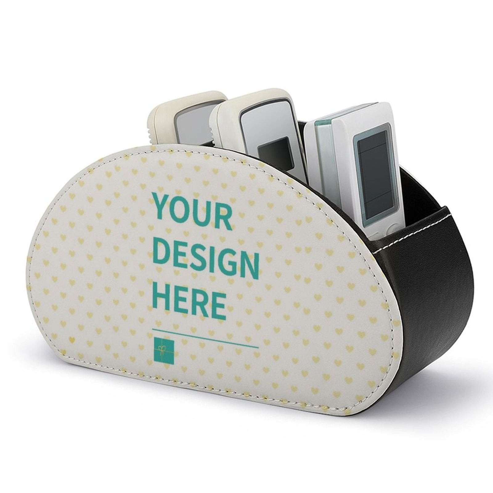 Customizable leather remote control holder, heart pattern with 'YOUR DESIGN HERE', for remotes.