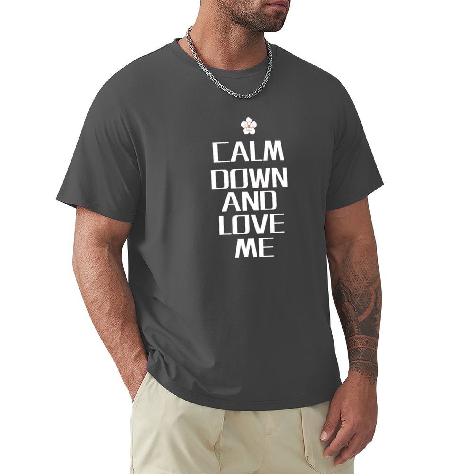 Men's dark gray crew neck t-shirt with 'Calm Down and Love Me' print. Classic cotton tee.